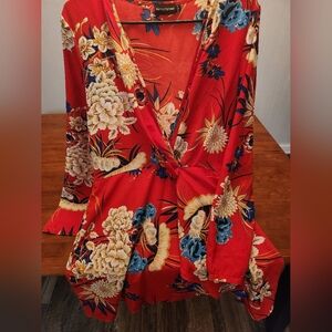 PRETTYLITTLETHING Red Floral Long Sleeve Faux Wrap Dress Size 8